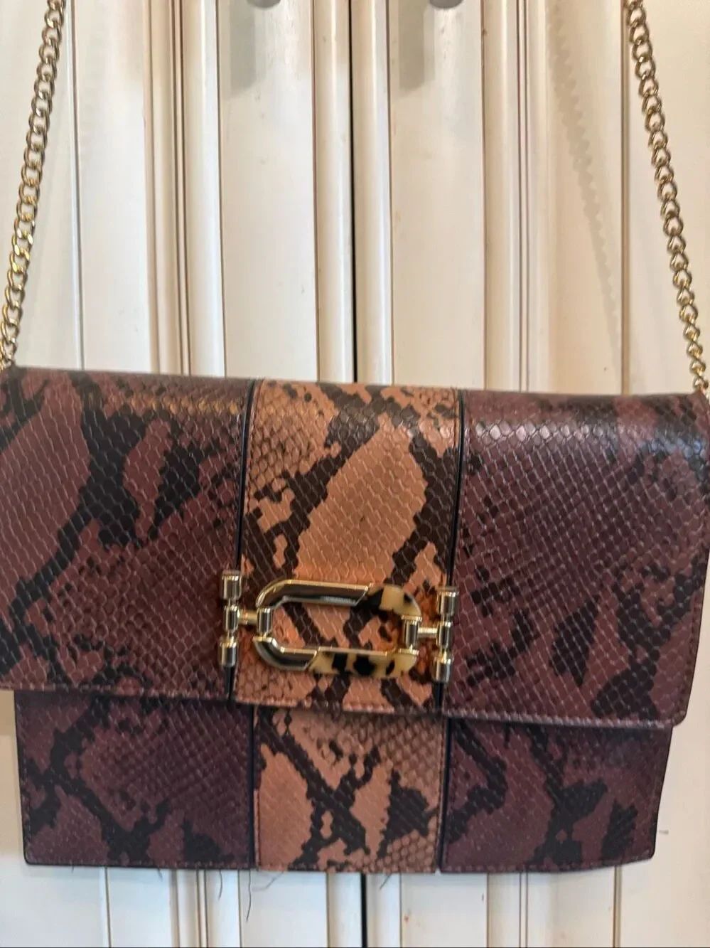 TOPSHOP Women's Snakeskin Faux Leather Chain Strap Crossbody Bag Brown 9.5 x 7